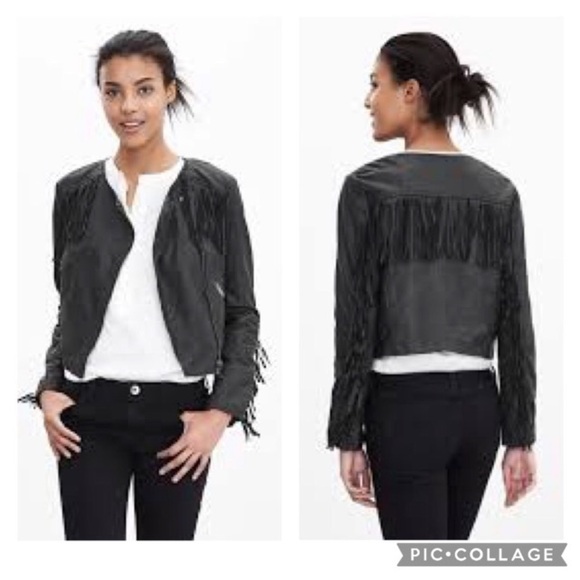 Banana Republic Fringe Leather Jacket Black Sz M Petite Moto Western Hippie - Picture 1 of 16